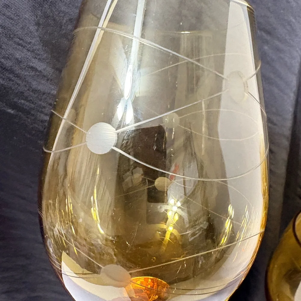 Vintage MCM Eisch Pirouette Amber Glasses, Air Twist Space Age Orbital Pattern 4